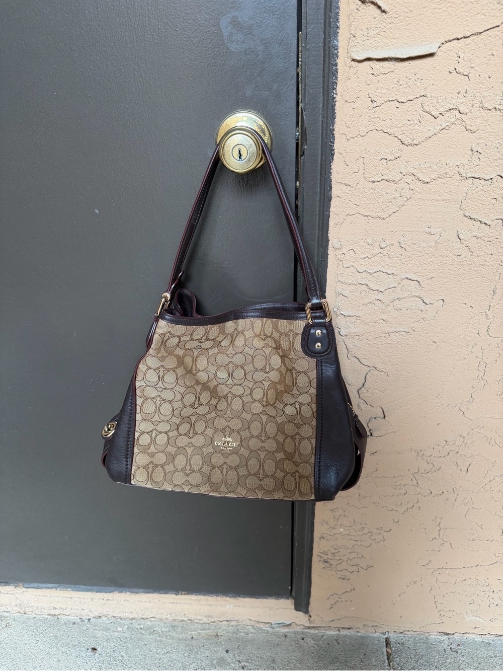 Coach Brown Signature Canvas Shoulder Bag with Dark Brown Leather